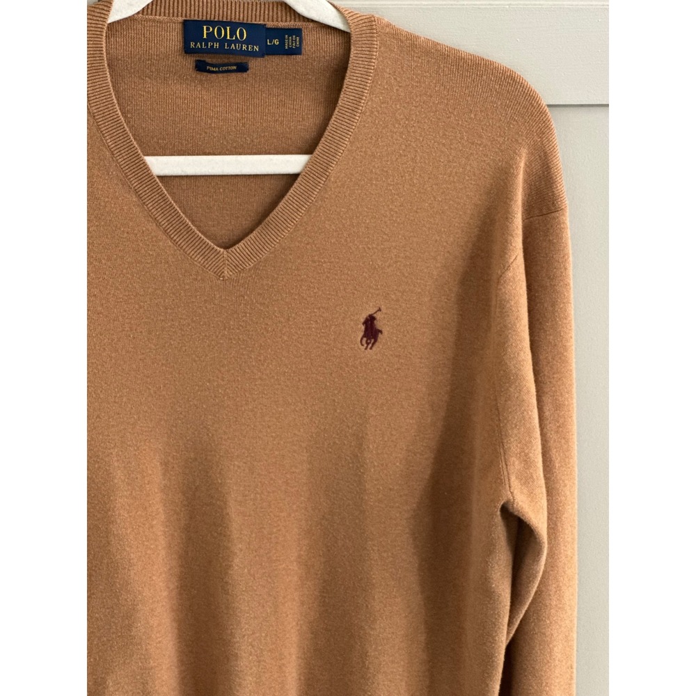 Polo Ralph Lauren women’s V-Neck Pima Cotton Sweater Camel Tan Brown Large L/G - Picture 4 of 7